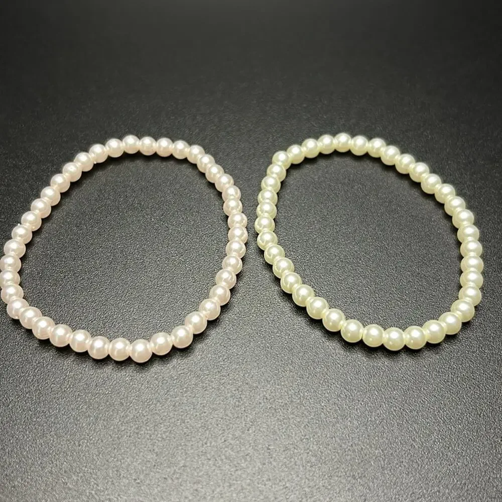 Women’s vintage dainty‎ set of 2 white/pink faux pearl beaded bracelets one size